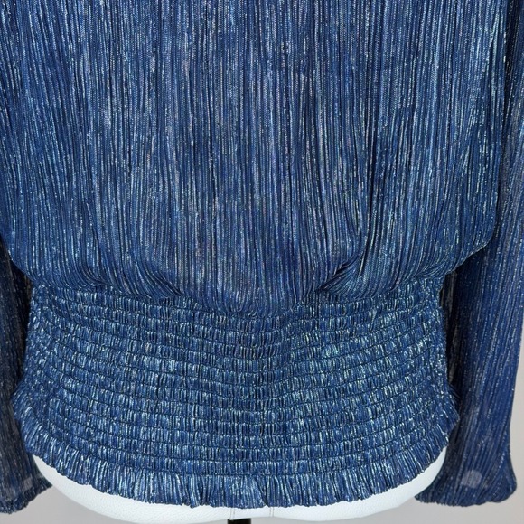 Joie Navy Blue Metallic Pleated Smocked High Neck Blouse Womens Large Party Glam - Picture 6 of 11